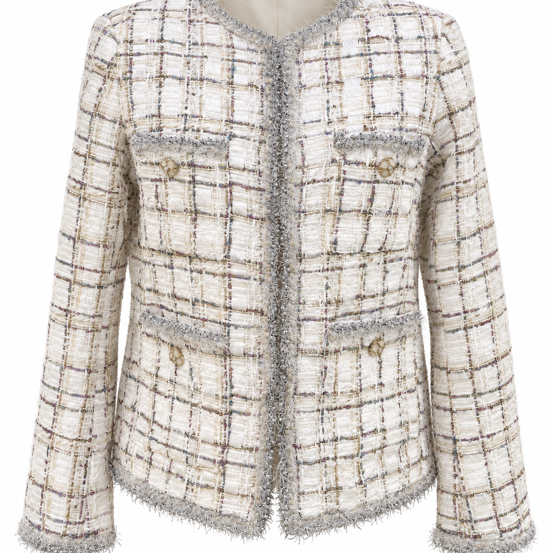 Front view of Quiet Authority ivory collarless tweed jacket with grey fringe and four floral pocket buttons