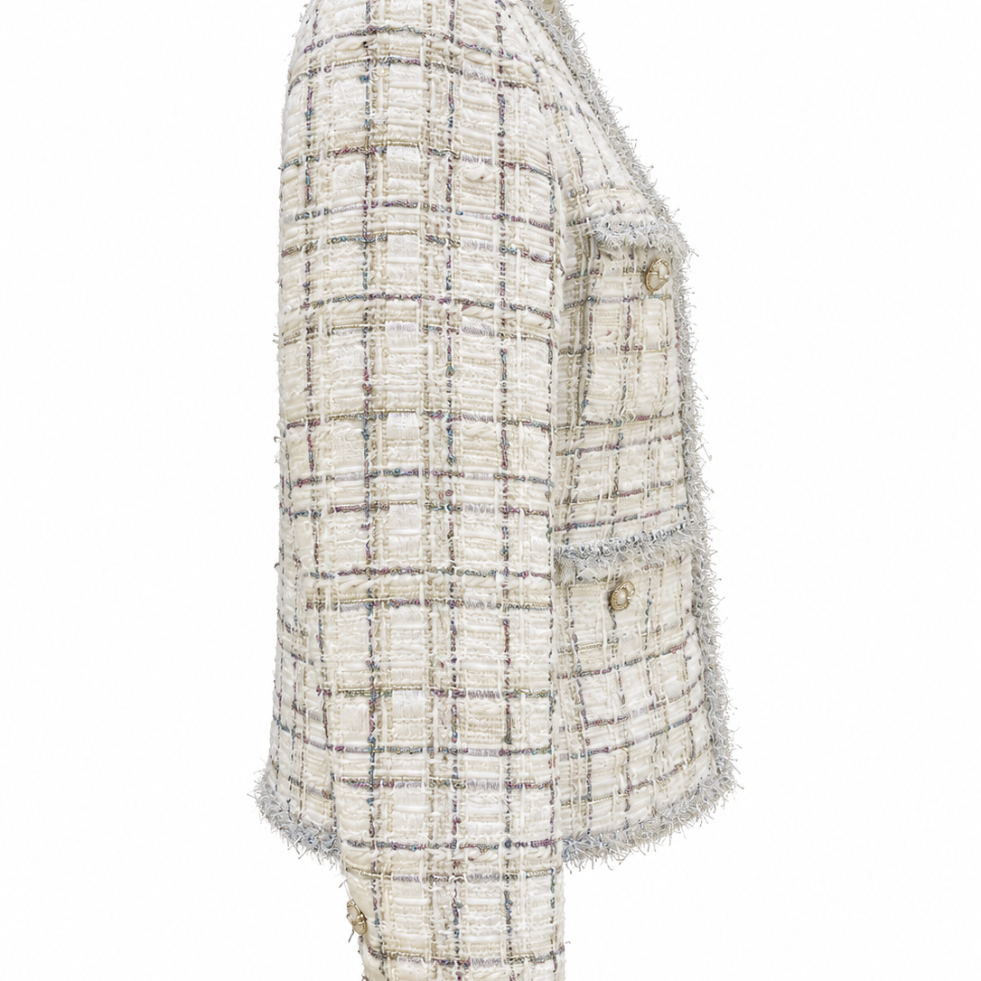 Side view of Quiet Authority ivory tweed jacket