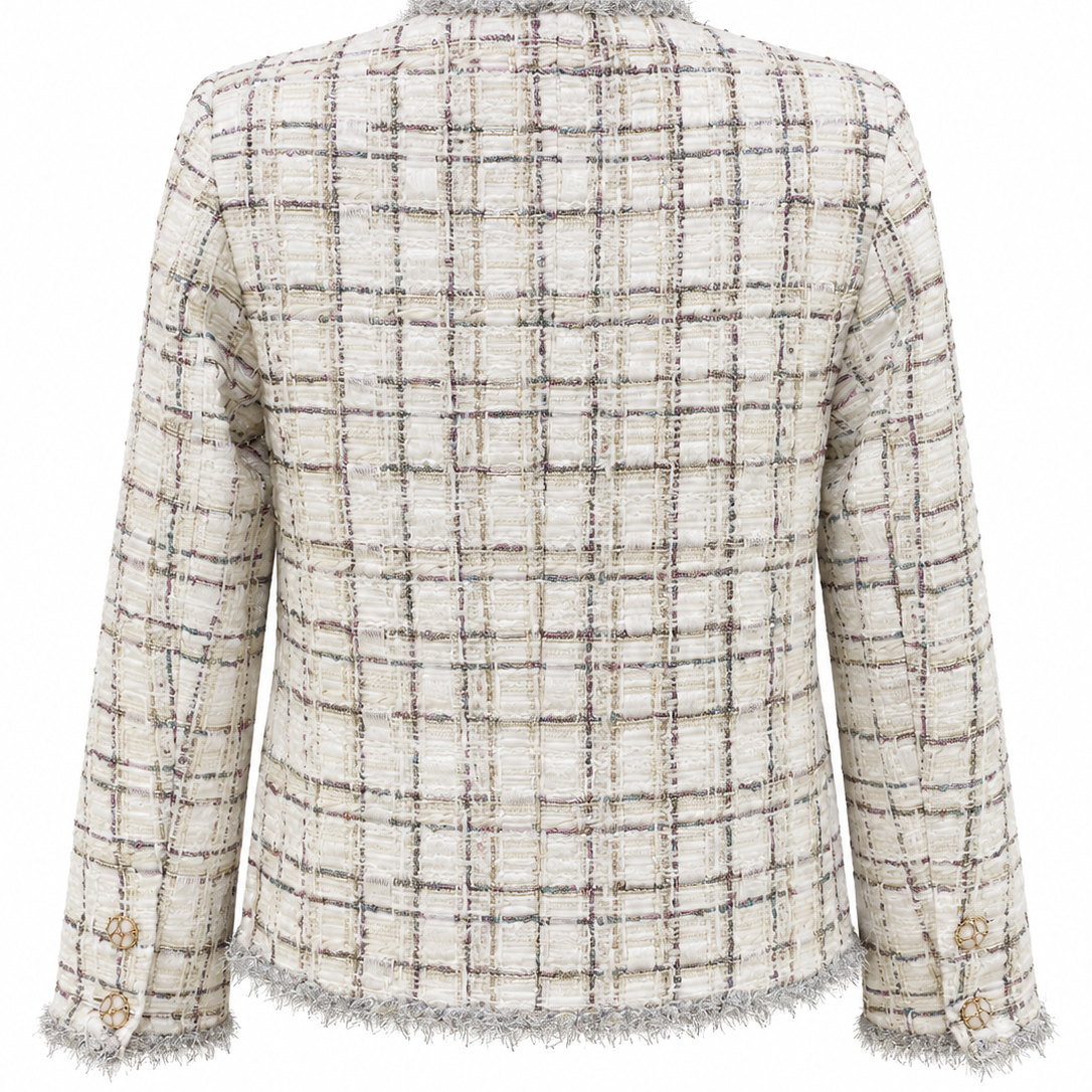 Back view of ivory checked tweed jacket with grey fringe cuffs and hem