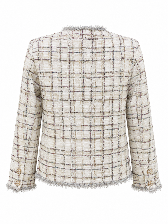 Back view of ivory checked tweed jacket with grey fringe cuffs and hem