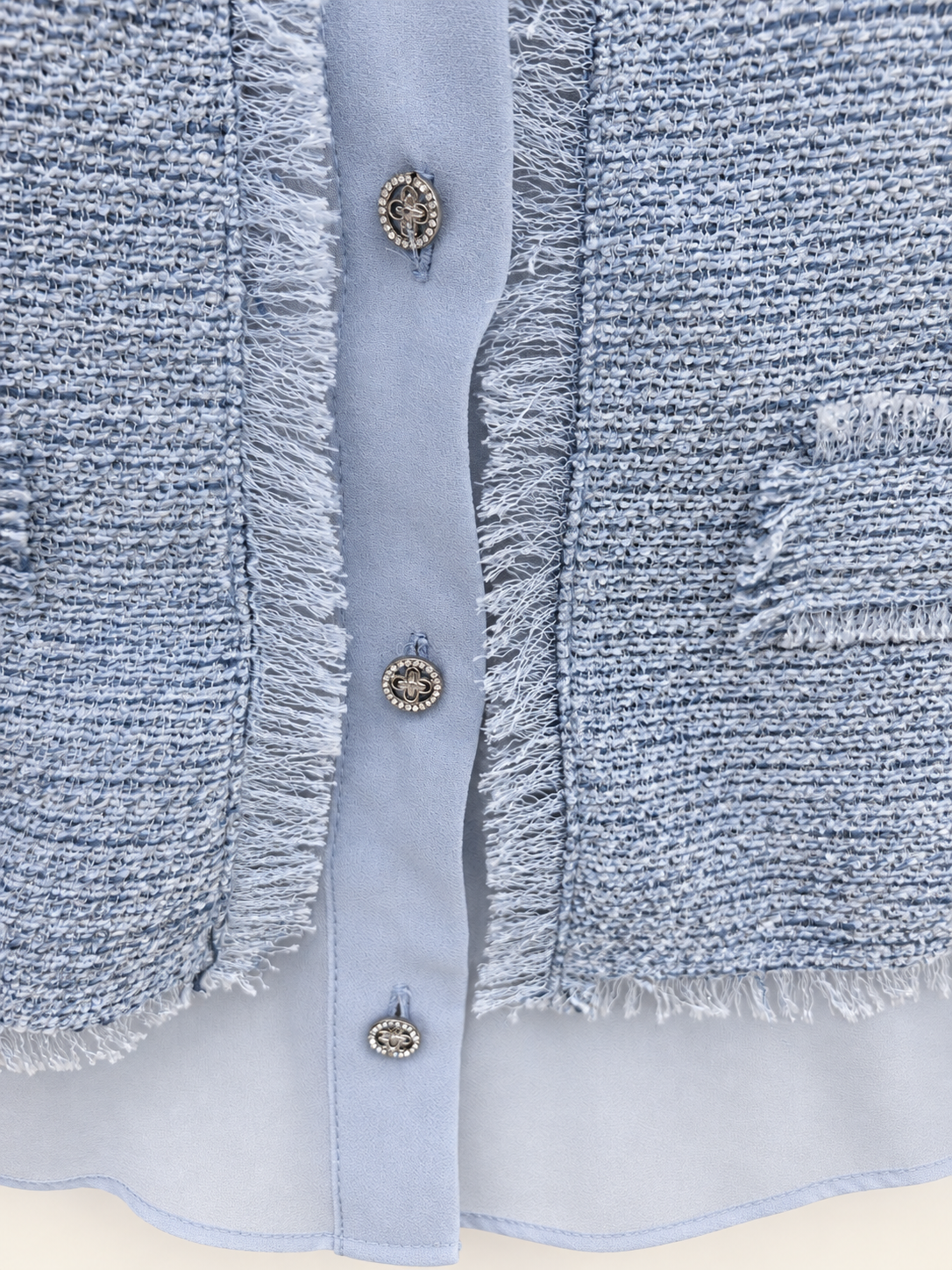Light blue tweed skirt set 80125 – placket button detail