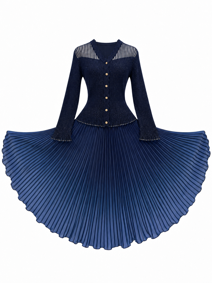 Navy Sheer-Detail Cardigan & Pleated Skirt Set