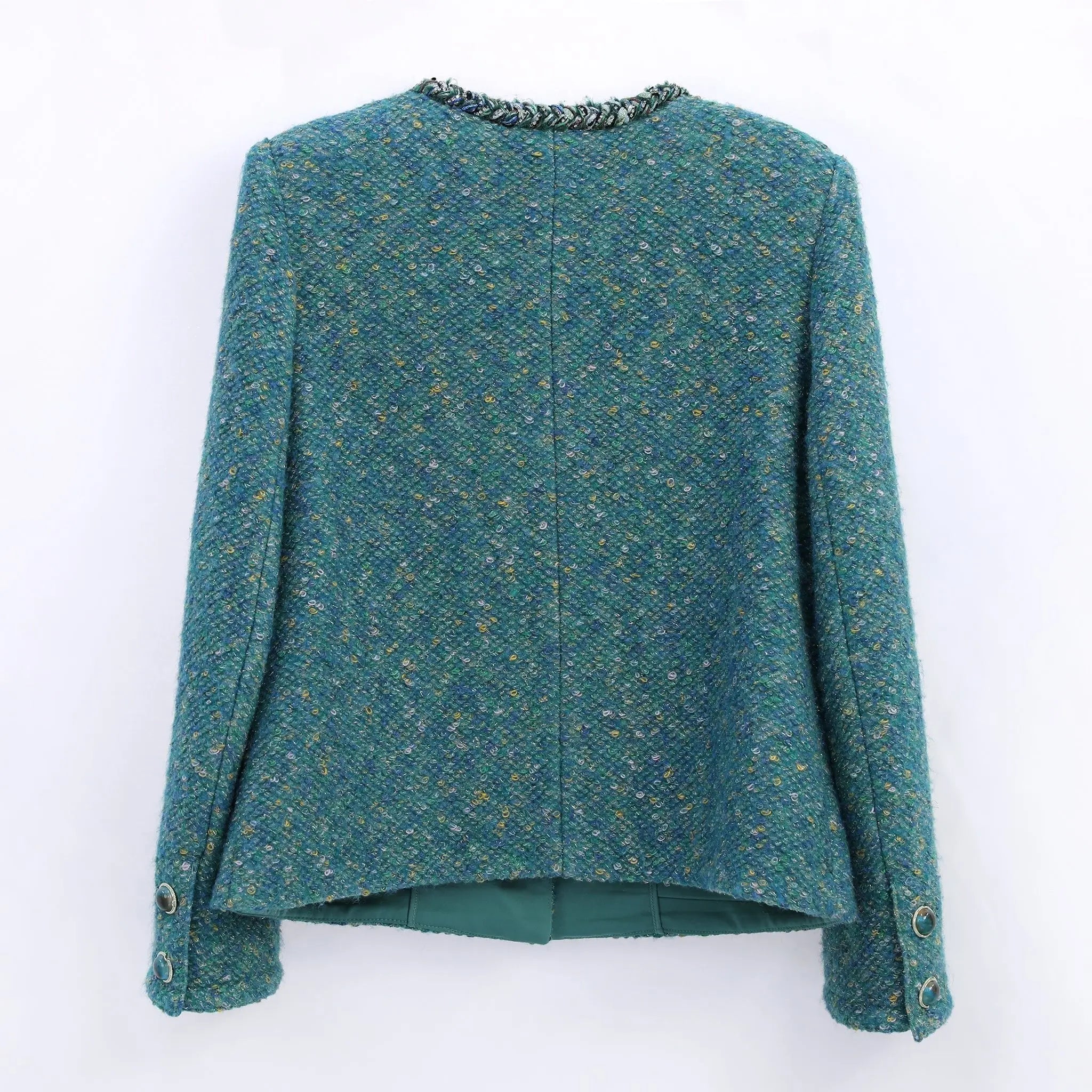 Back view of green tweed outfits for women