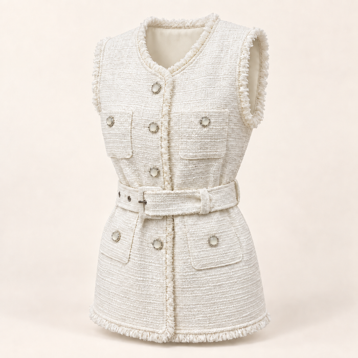 White Belted Tweed Vest for Women