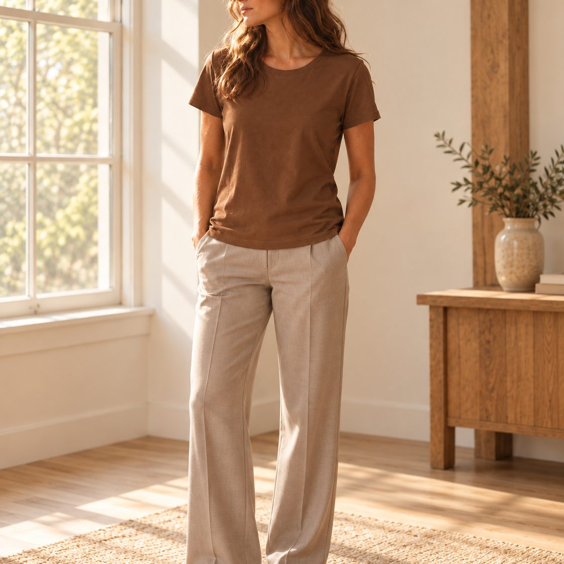 Brown Pima cotton tee styled with warm stone trousers