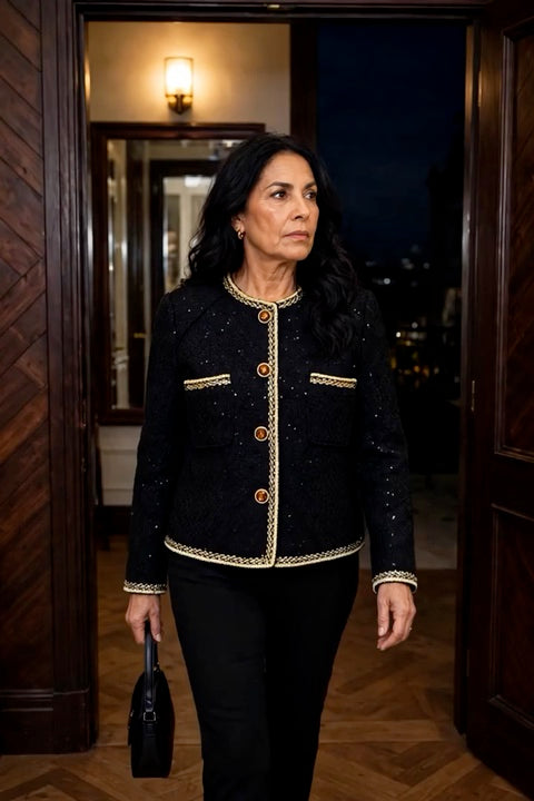 Campaign model entering a restaurant in the jacket and black trousers