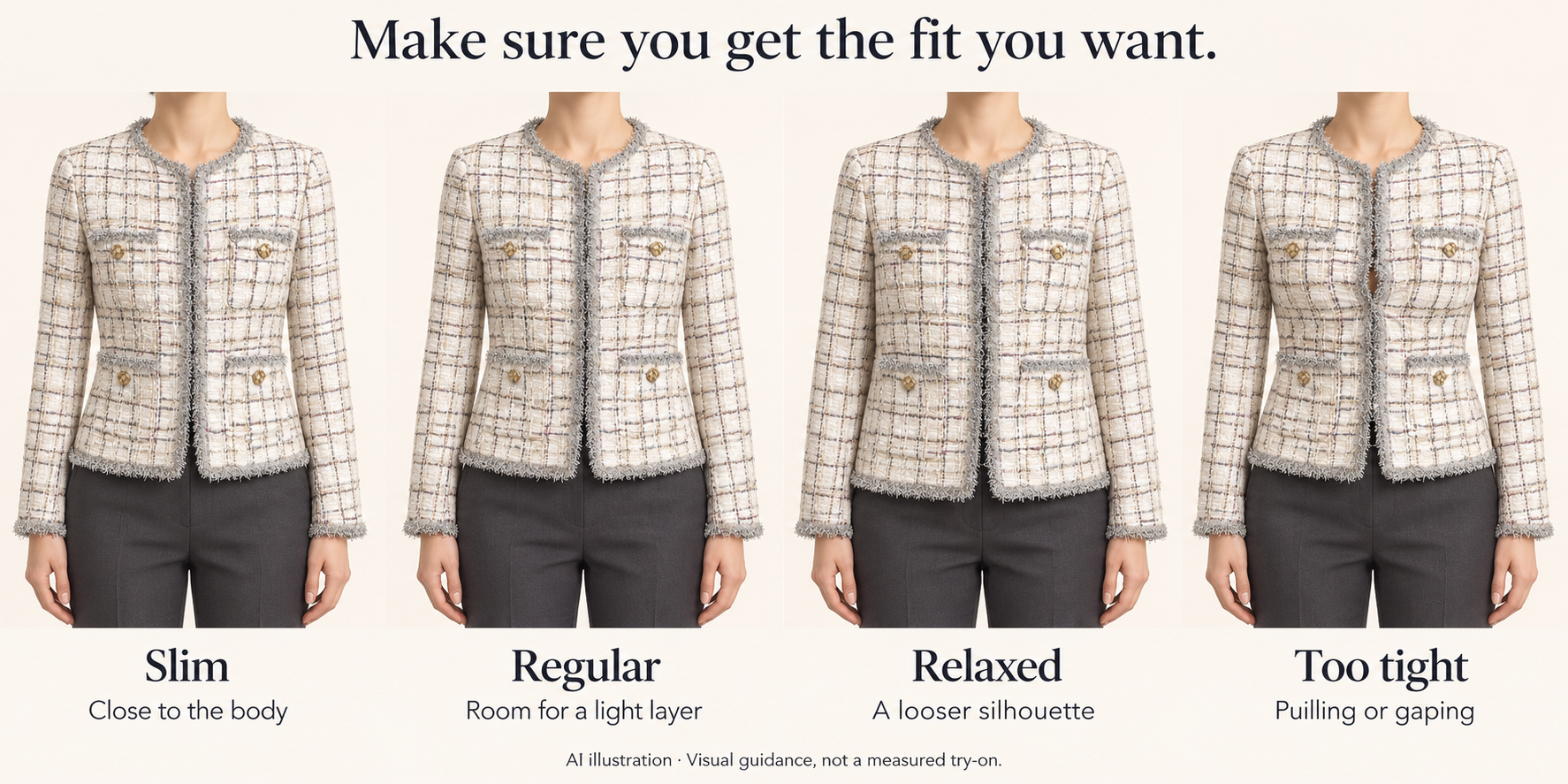 AI fit illustration of the ivory tweed jacket: slim, regular, relaxed, and too tight. Visual guidance, not a measured try-on.