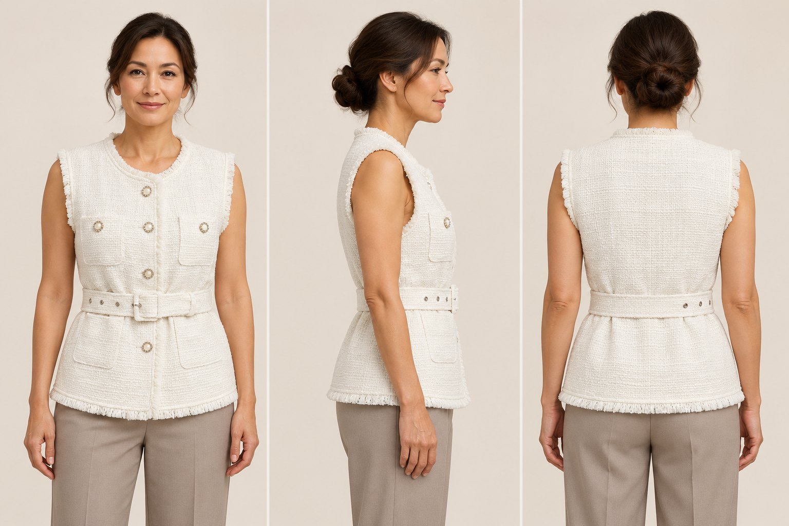 AI model illustration of the white belted tweed vest: front, side and back views
