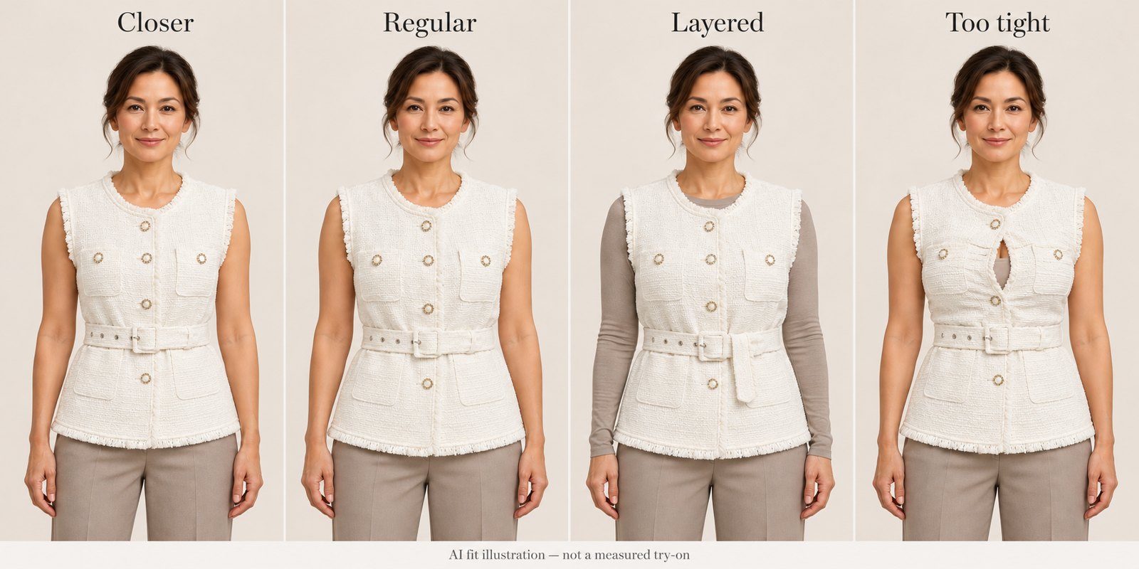 AI fit illustration of the 70816 vest: closer, regular, layered and too tight.