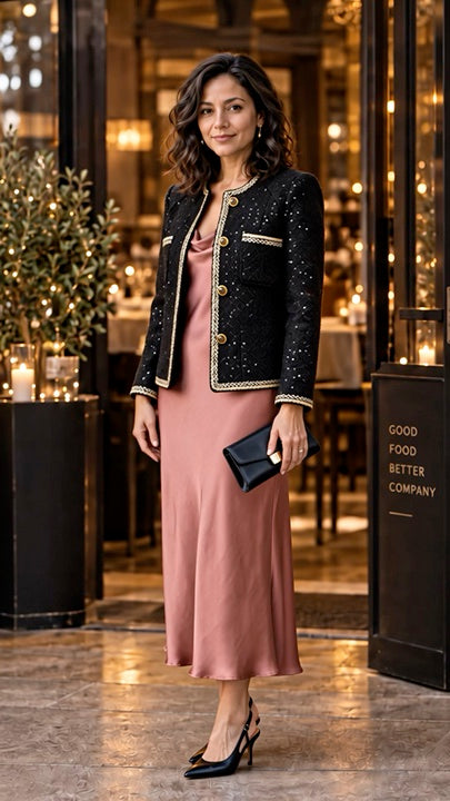 Campaign model wearing the black jacket open over a rose satin dress