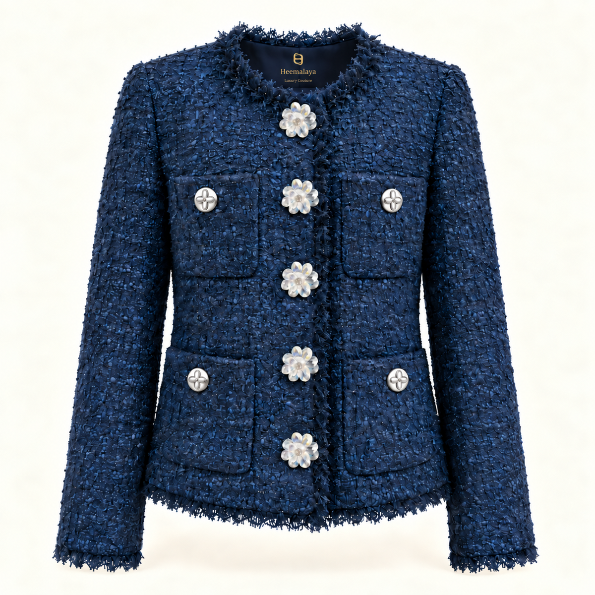 70641 navy tweed jacket front with gold Heemalaya inner collar logo
