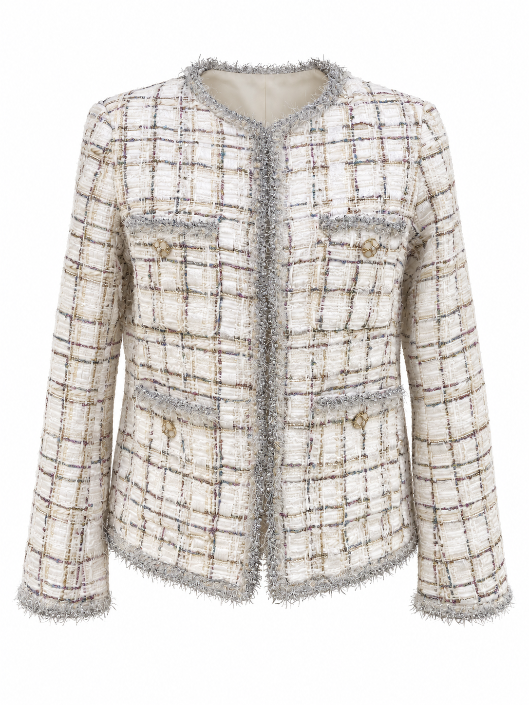 Front view of Quiet Authority ivory collarless tweed jacket with grey fringe and four floral pocket buttons
