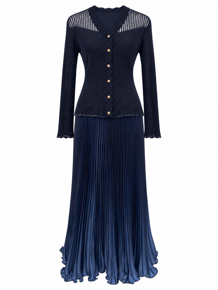 Navy Sheer-Detail Cardigan & Pleated Skirt Set