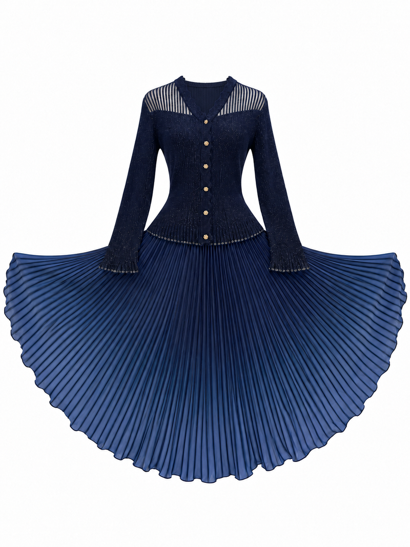 Navy Sheer-Detail Cardigan & Pleated Skirt Set