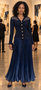 Original campaign portrait: model wearing the navy cardigan and pleated skirt at an arts reception