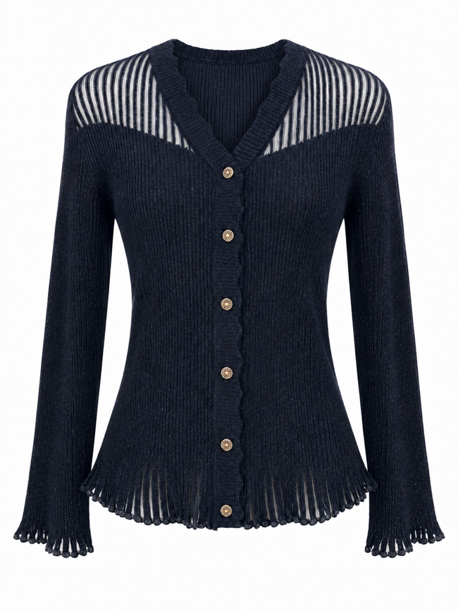 Navy Sheer-Detail Cardigan & Pleated Skirt Set