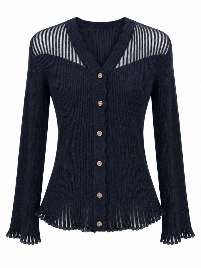 Navy Sheer-Detail Cardigan & Pleated Skirt Set