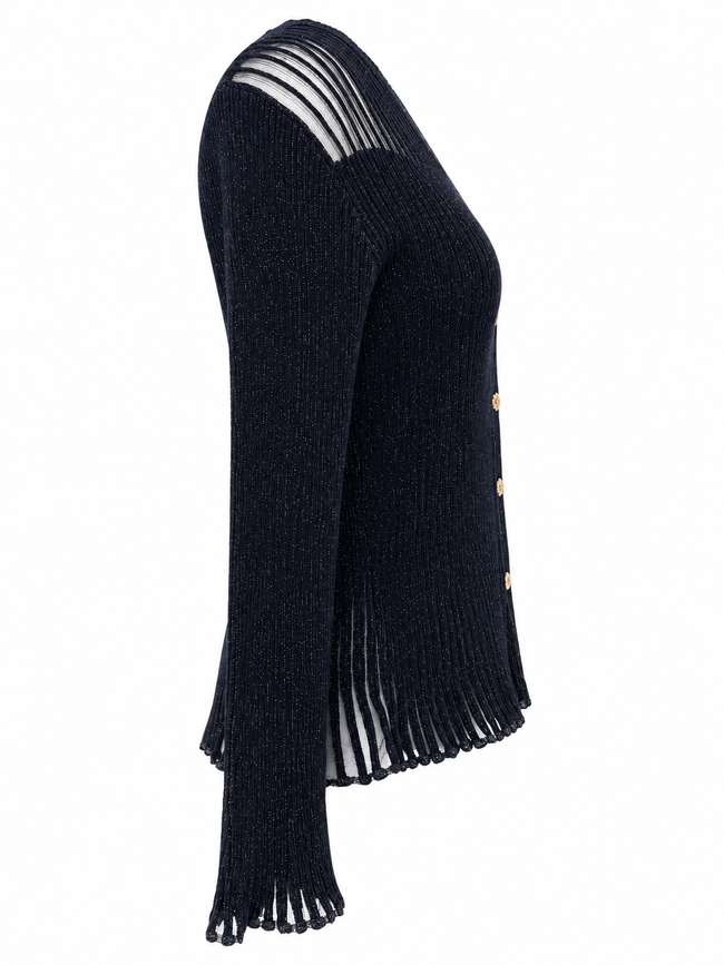 Navy Sheer-Detail Cardigan & Pleated Skirt Set