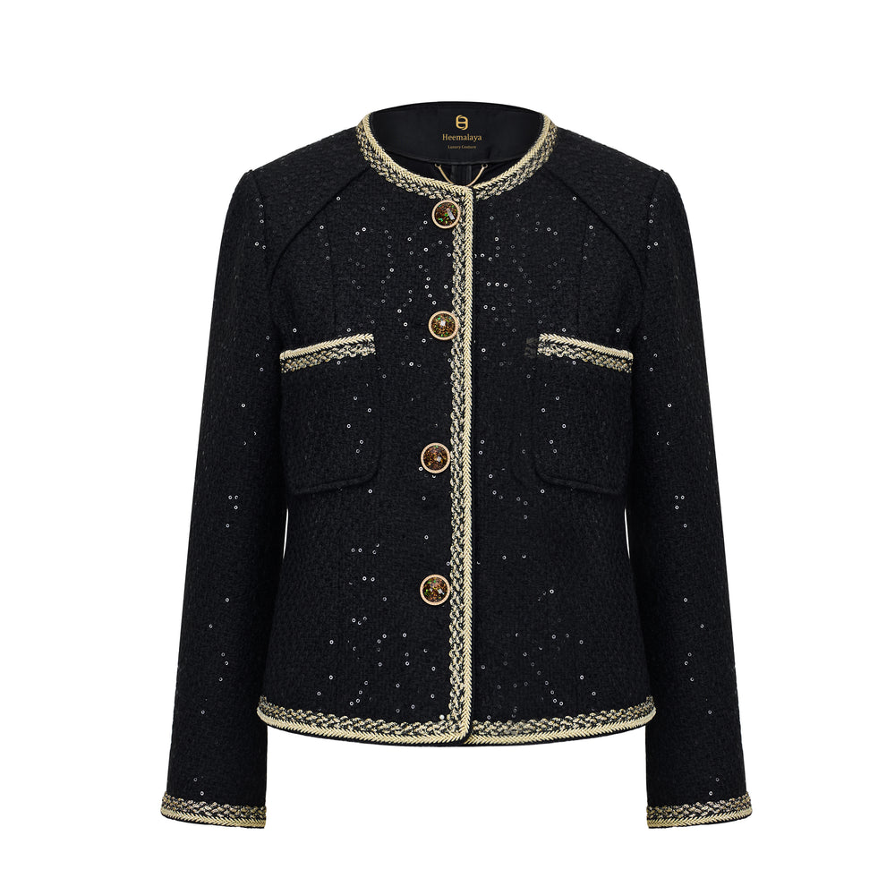 Front view of the Night Queen black tweed jacket with braided trim and jewel-style buttons