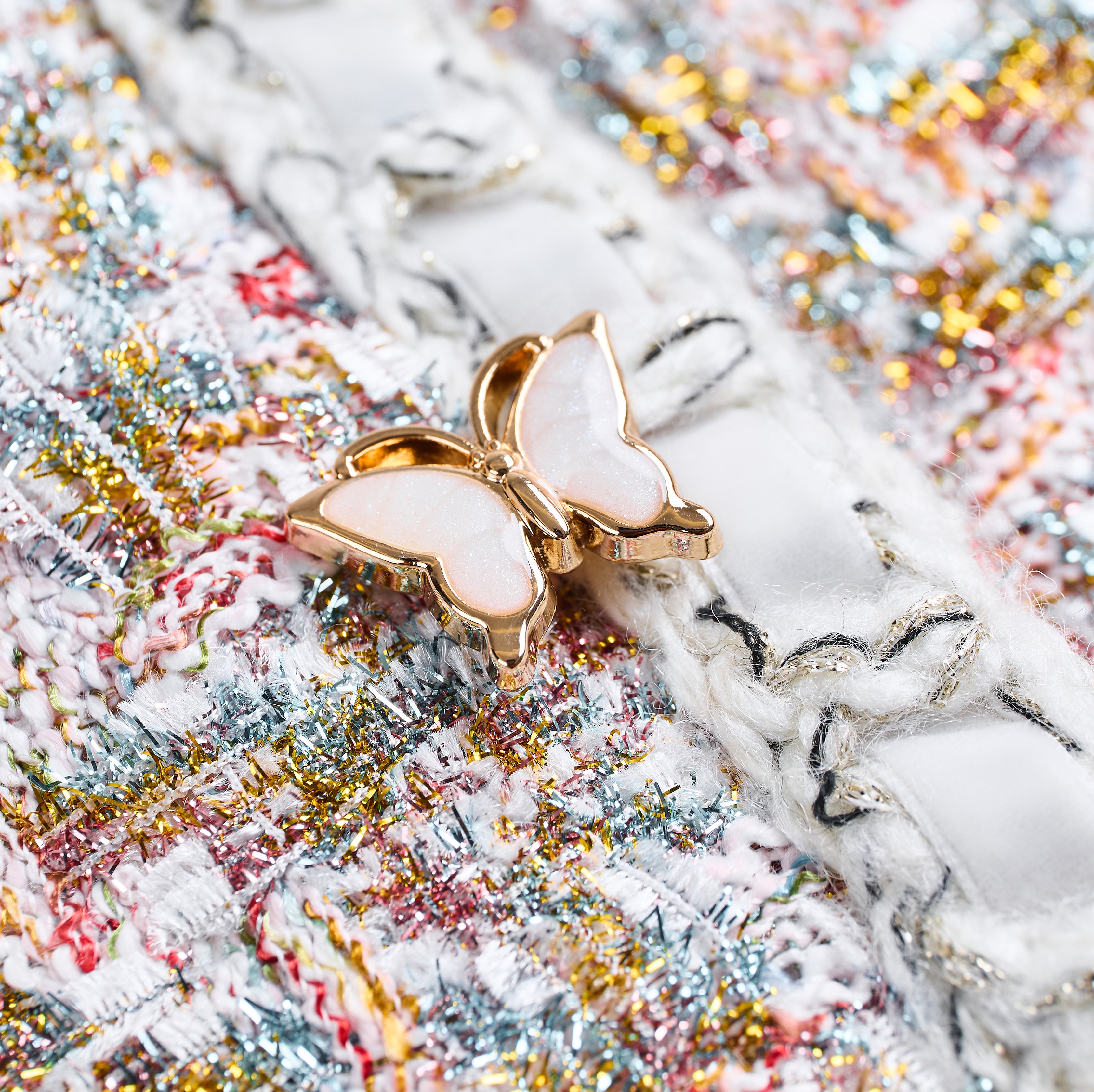 Colorful tweed jacket with butterfly button-Pink gold - Heemalaya