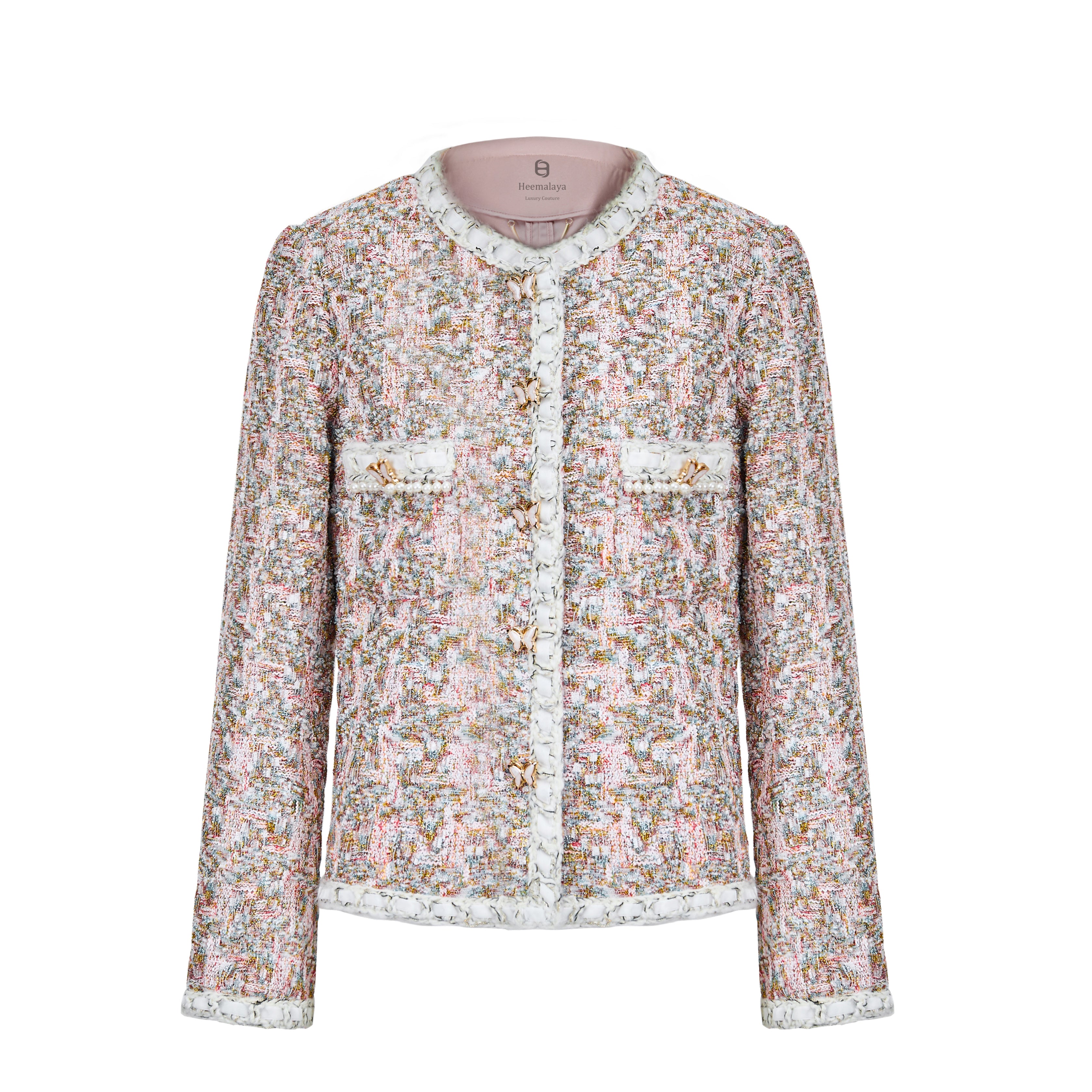 Colorful tweed jacket with butterfly button-Pink gold - Heemalaya