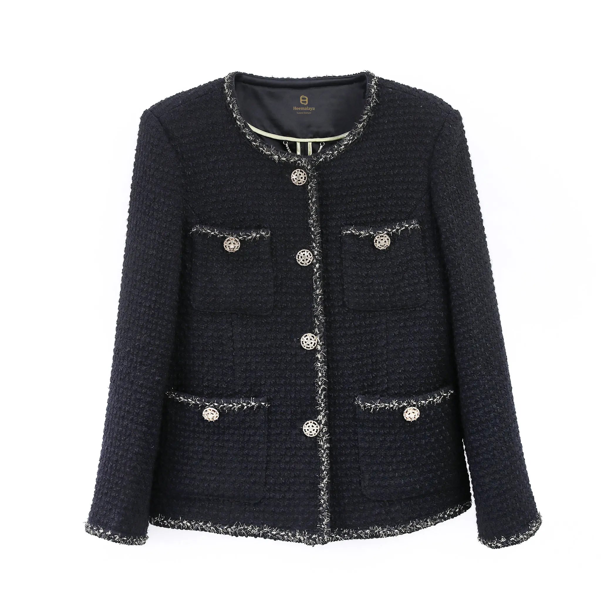 Women black tweed jacket with gold button front view 10055