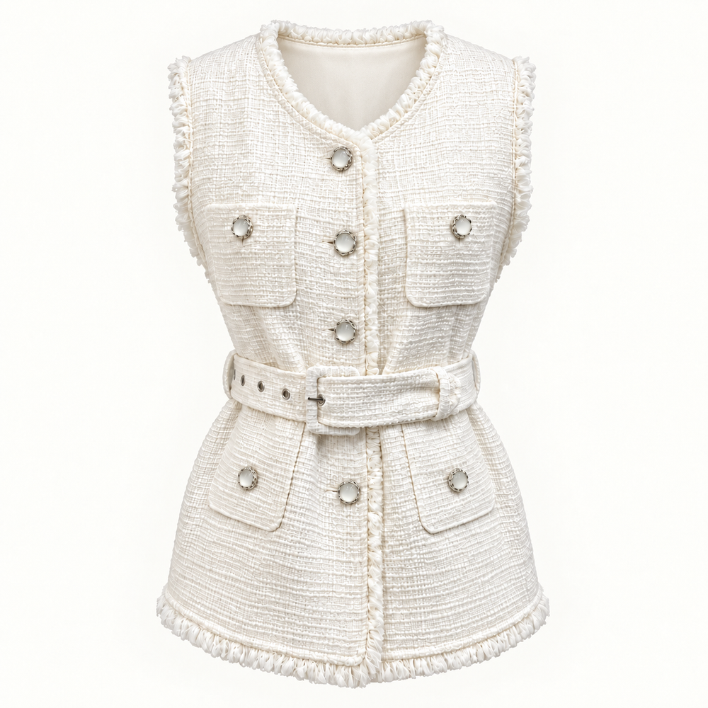 White Belted Tweed Vest for Women