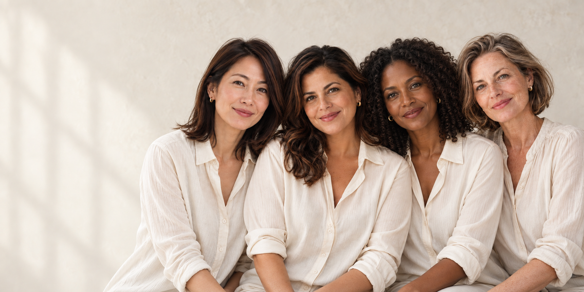 Four women in ivory blouses together against a warm ivory background