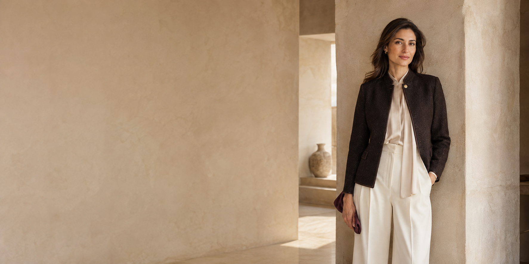 Heemalaya Expressive Ruler collection hero — woman in Espresso and Ivory tailoring