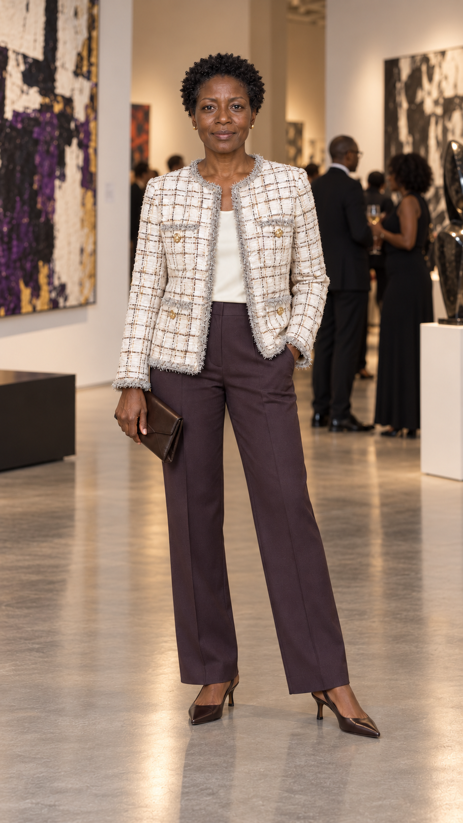 Illustrated Black arts reception look with the ivory jacket and smoky plum trousers