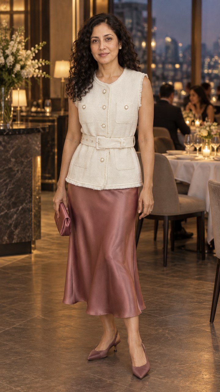 White belted tweed vest styled for anniversary dinner — AI styling illustration