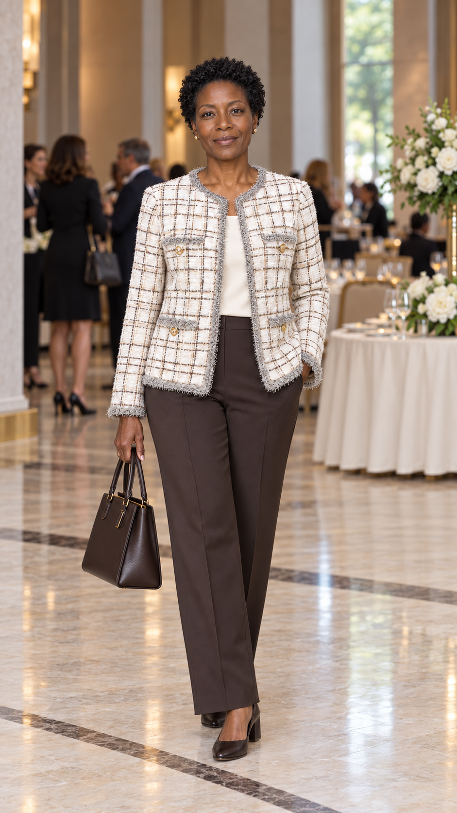 Illustrated Black community leadership luncheon look with the ivory jacket and espresso trousers