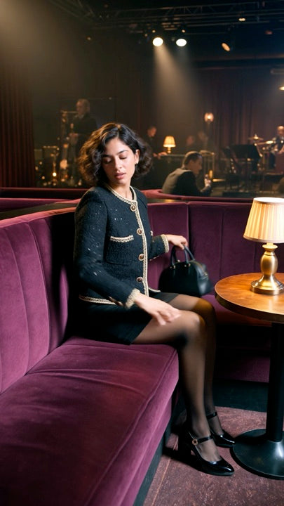Campaign model in the jacket and black skirt seated at a live music performance